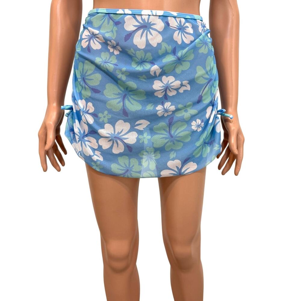 XS S hibiscus floral sheer mesh stretch ruched swim cover skirt SW2 3512
